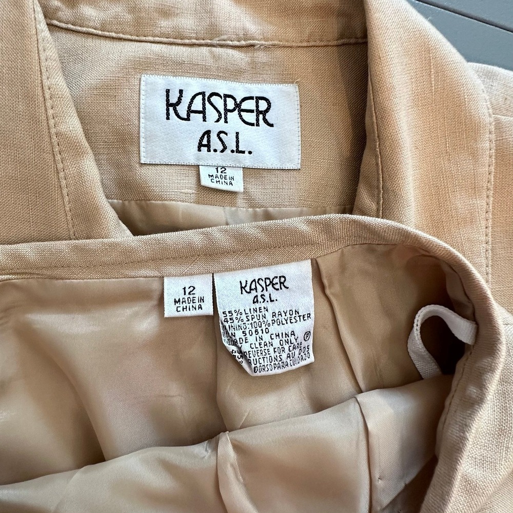 Kasper ASL Tan Linen Blend Short Sleeve Skirt Suit Set Size 12 Professional
